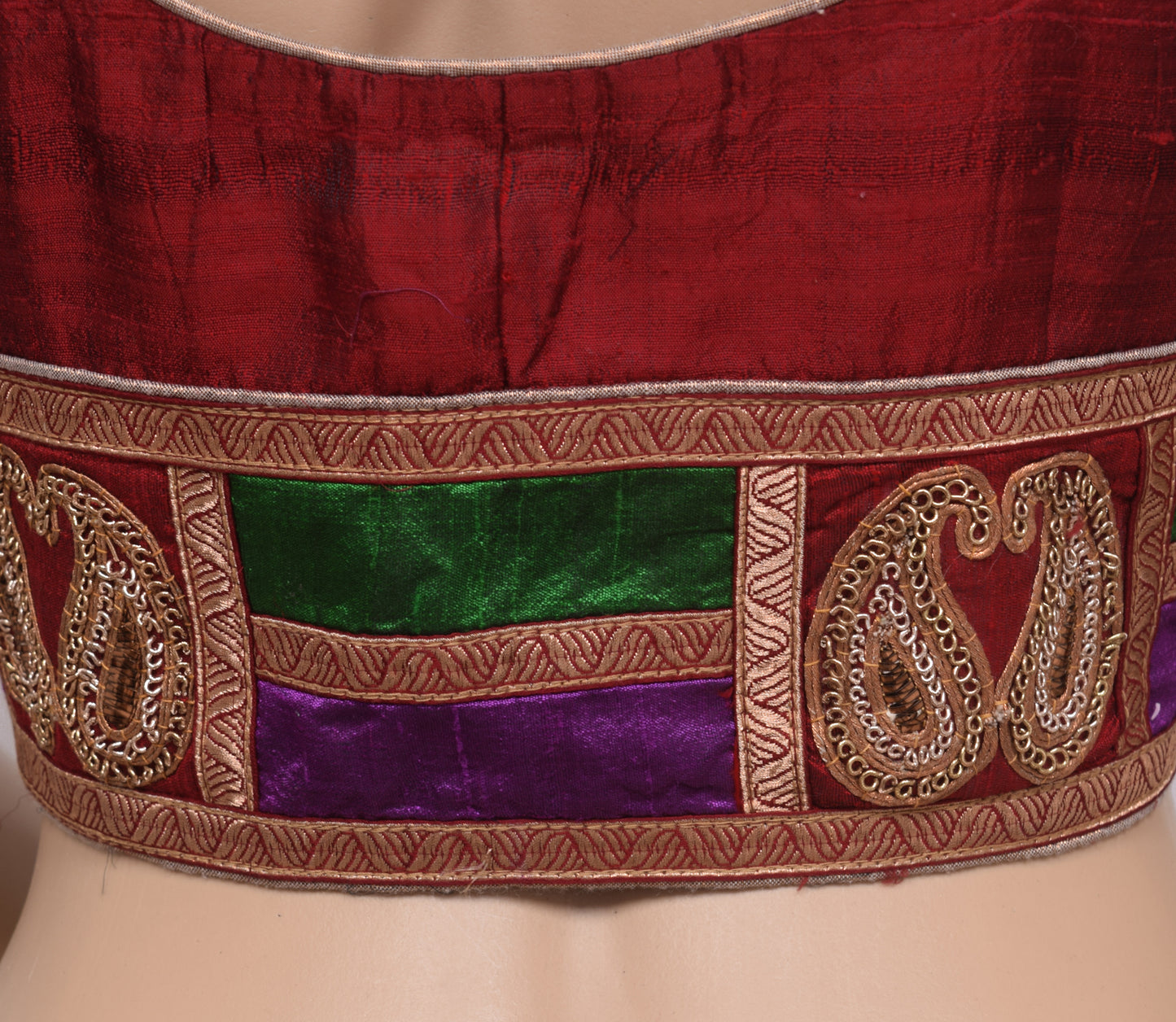 Sushila Vintage Readymade 38"Silk Sari Blouse Maroon Patch Work Top Choli