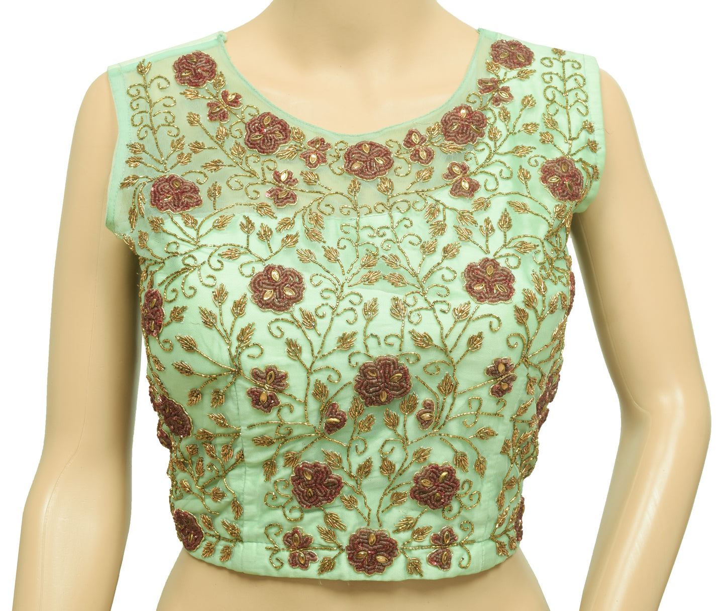 Sushila Vintage Green Stitched Padded Sari Blouse Hand Beaded Designer 32" Crop Top