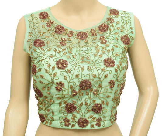 Sushila Vintage Green Stitched Padded Sari Blouse Hand Beaded Designer 32" Crop Top