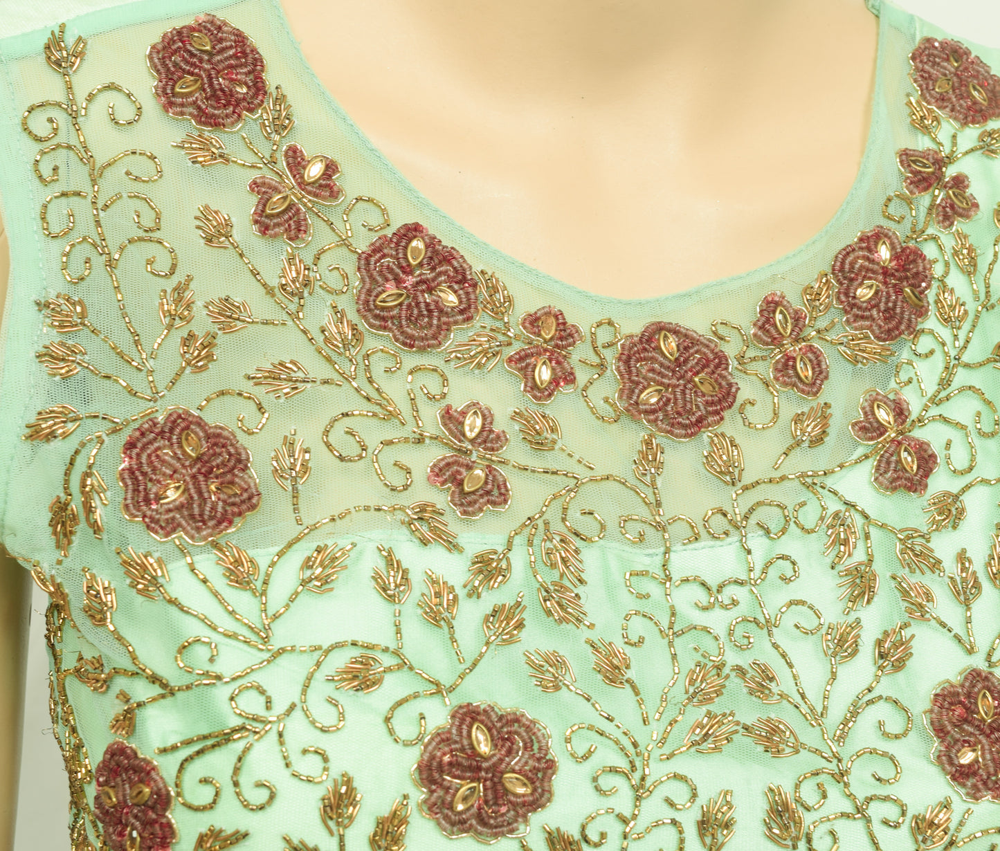 Sushila Vintage Green Stitched Padded Sari Blouse Hand Beaded Designer 32" Crop Top