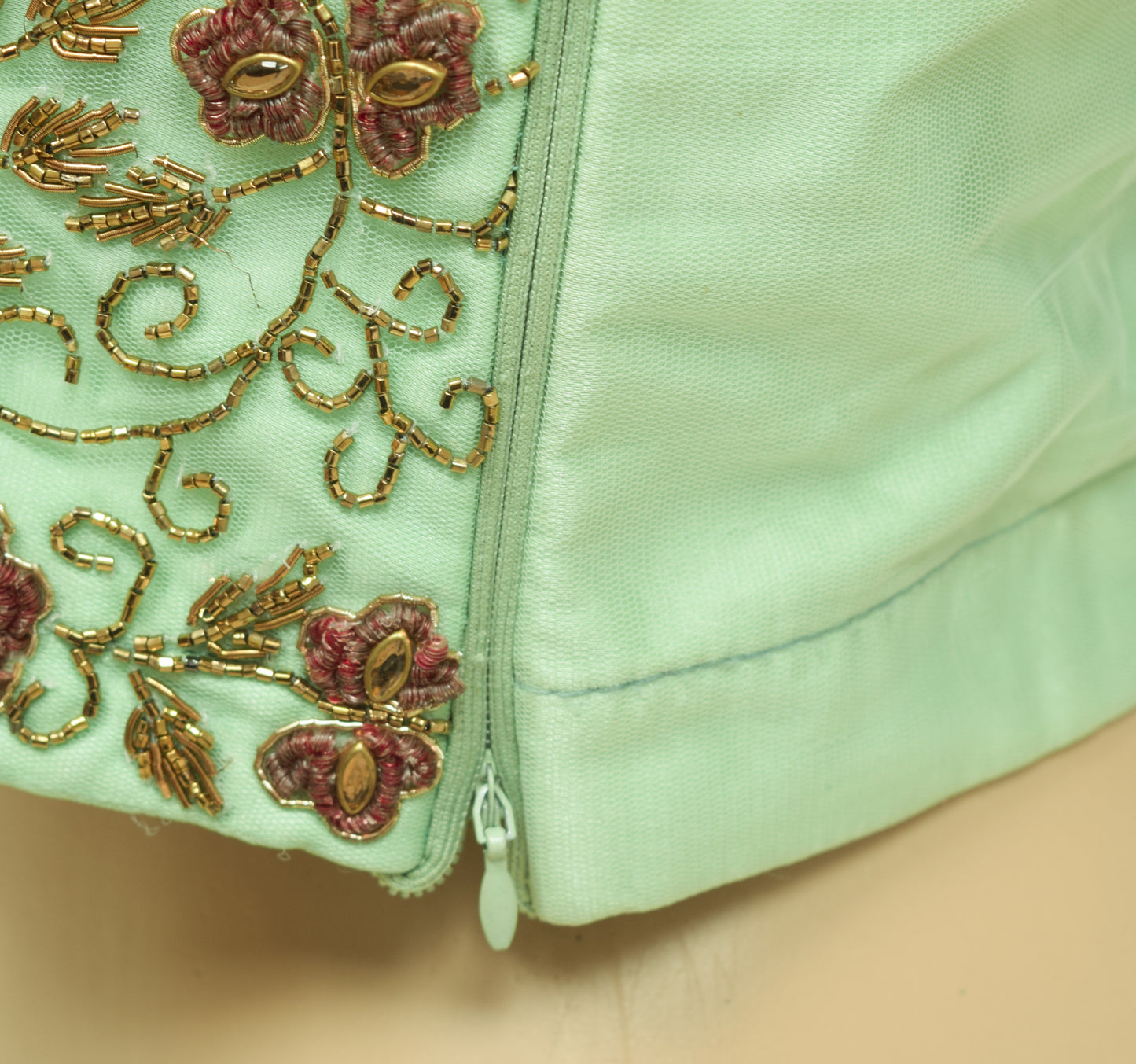 Sushila Vintage Green Stitched Padded Sari Blouse Hand Beaded Designer 32" Crop Top