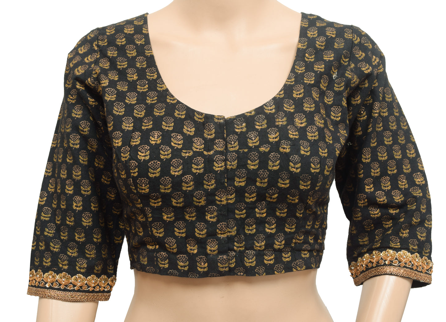 Sushila Vintage Stitched 3/4 Sleeve Sari Blouse Black Cotton Printed Floral Top 36"