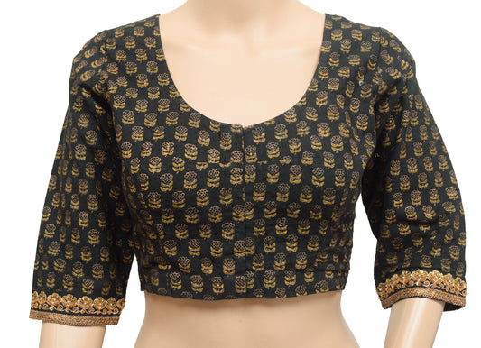 Sushila Vintage Stitched 3/4 Sleeve Sari Blouse Black Cotton Printed Floral Top 36"