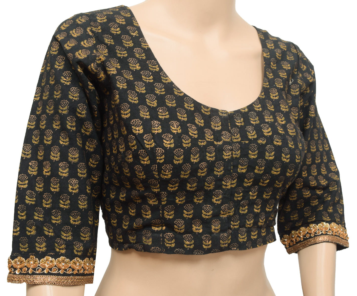 Sushila Vintage Stitched 3/4 Sleeve Sari Blouse Black Cotton Printed Floral Top 36"