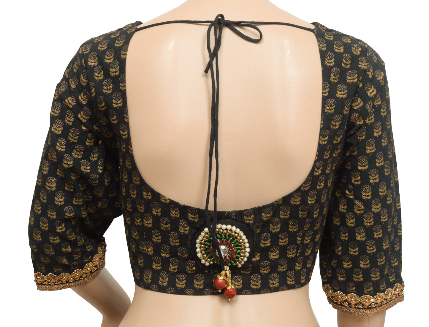 Sushila Vintage Stitched 3/4 Sleeve Sari Blouse Black Cotton Printed Floral Top 36"