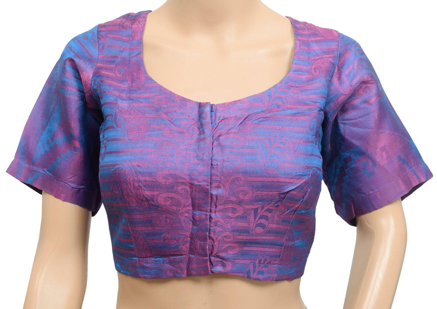 Sushila Vintage Blue Pink Dual Tone Stitched Sari Blouse Silk Woven Paisley 36"Top