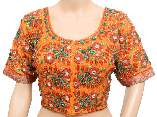 Sushila Vintage Orange Stitched Heavy Sari Blouse Silk Hand Beaded 36"Floral Top