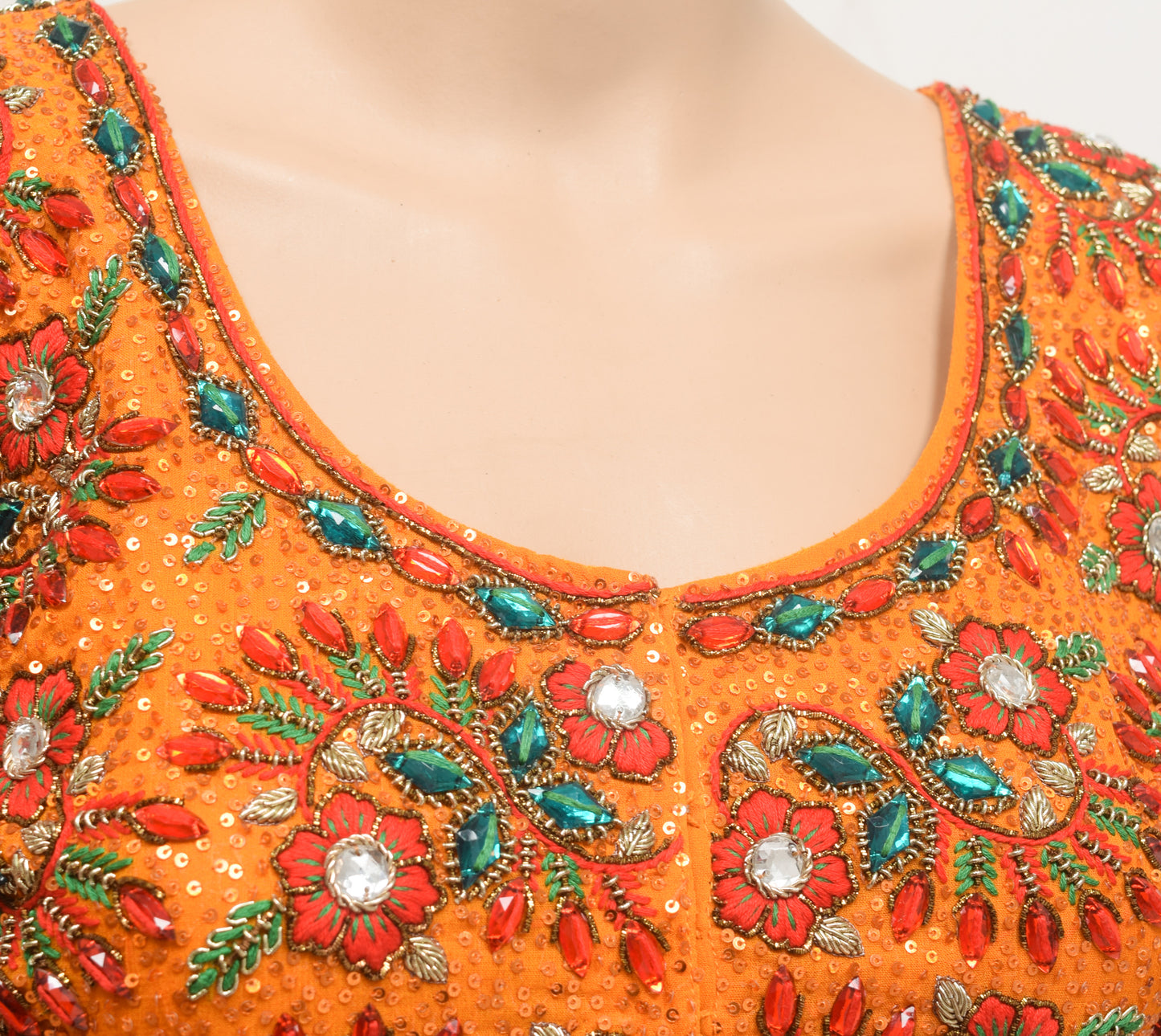 Sushila Vintage Orange Stitched Heavy Sari Blouse Silk Hand Beaded 36"Floral Top