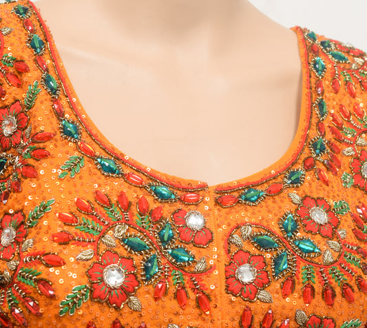 Sushila Vintage Orange Stitched Heavy Sari Blouse Silk Hand Beaded 36"Floral Top