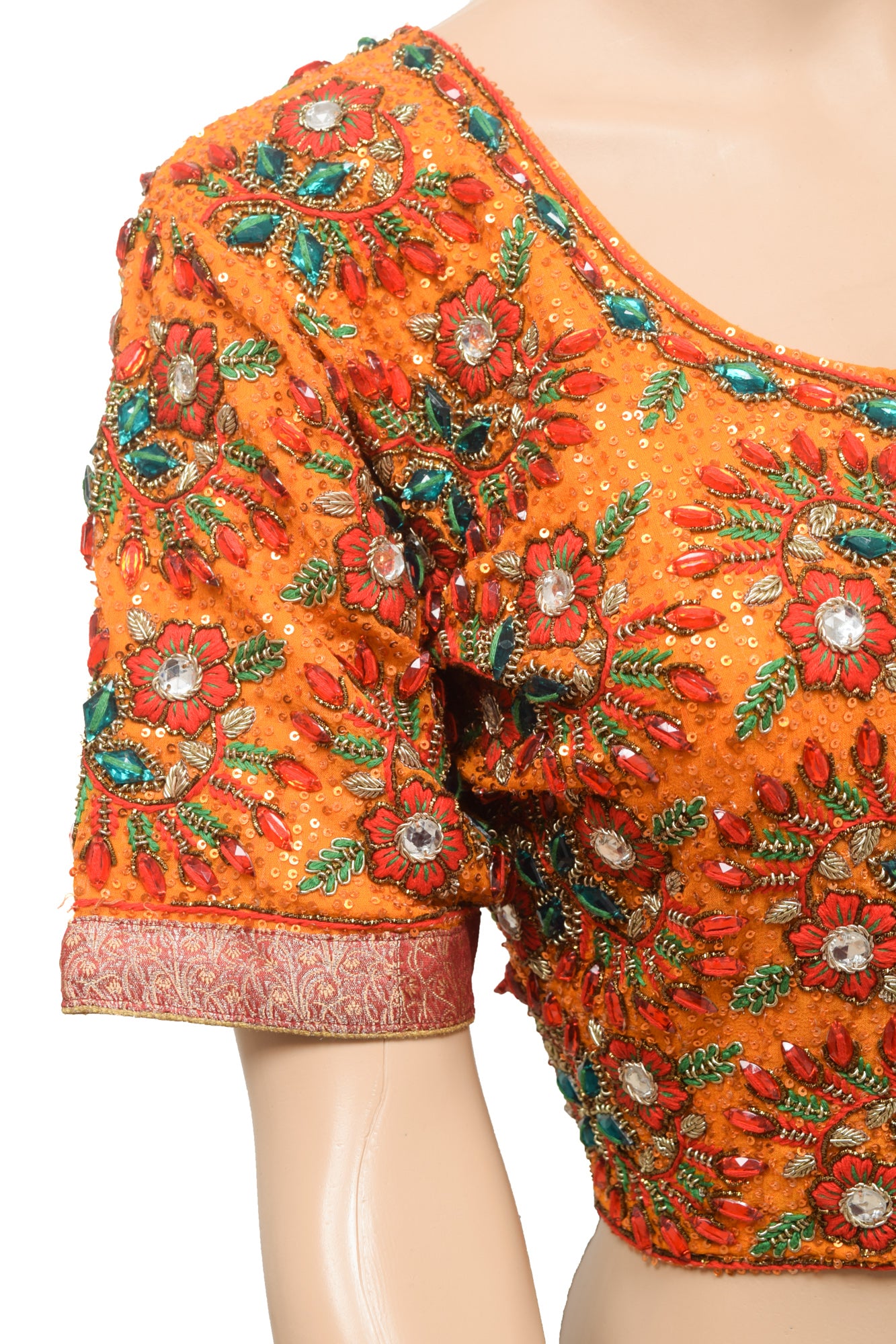 Sushila Vintage Orange Stitched Heavy Sari Blouse Silk Hand Beaded 36"Floral Top