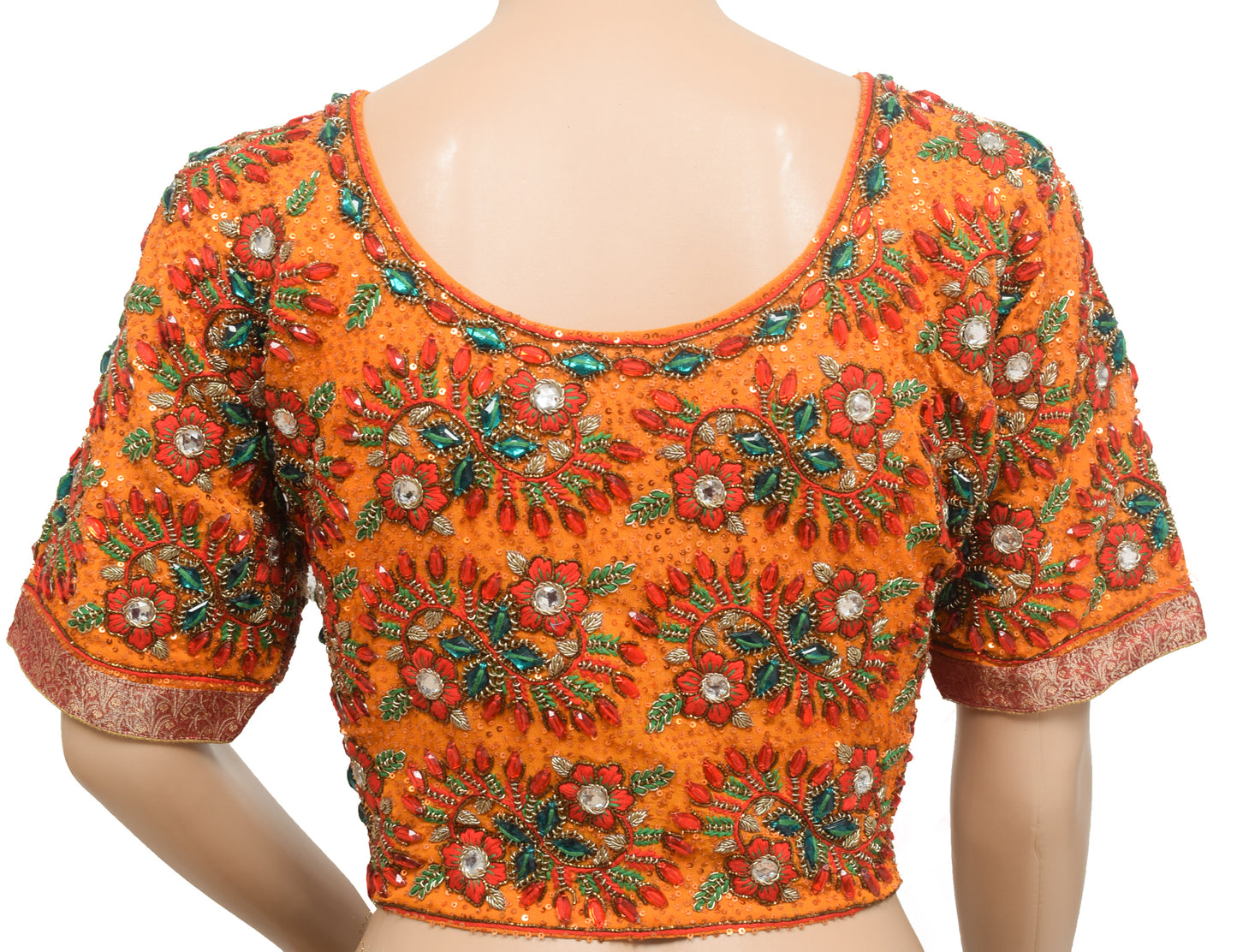 Sushila Vintage Orange Stitched Heavy Sari Blouse Silk Hand Beaded 36"Floral Top