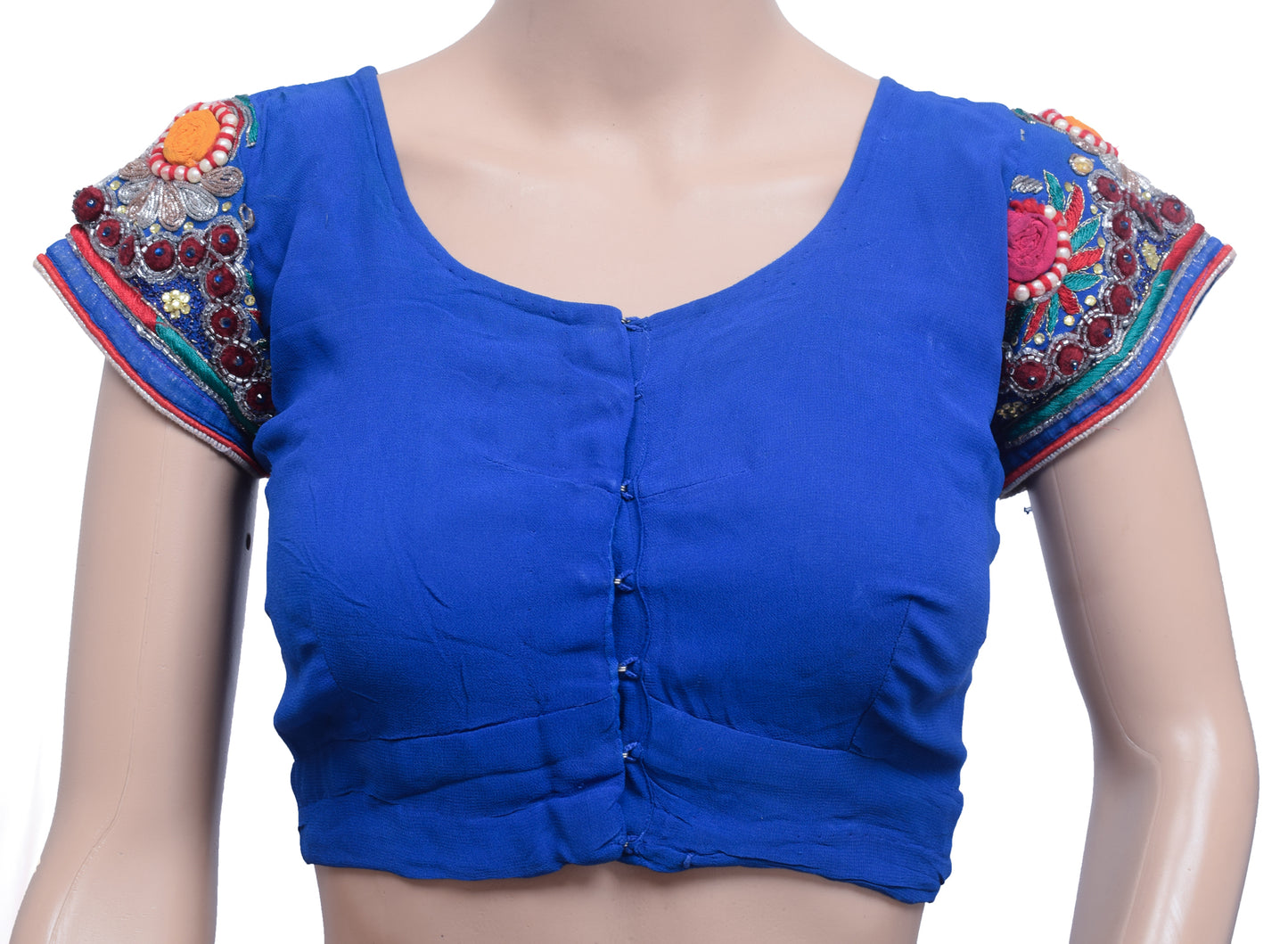 Sushila Vintage Stitched Blue Sari Blouse Georgette Silk Hand  Beaded Floral 32"Top