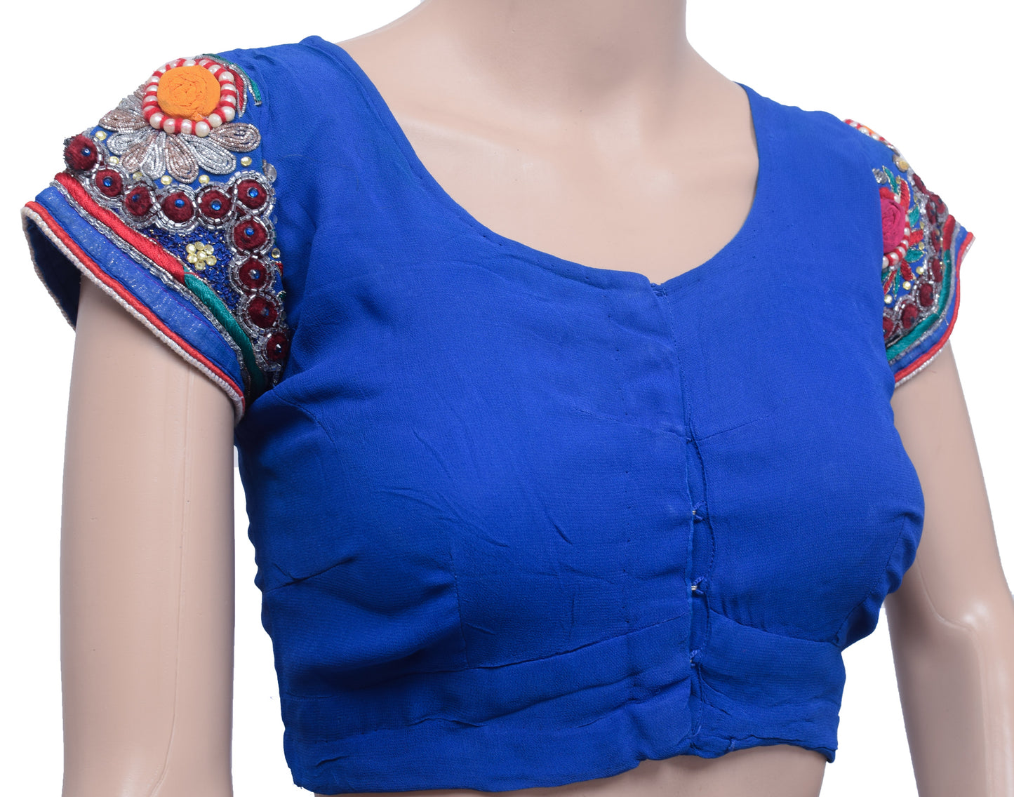 Sushila Vintage Stitched Blue Sari Blouse Georgette Silk Hand  Beaded Floral 32"Top