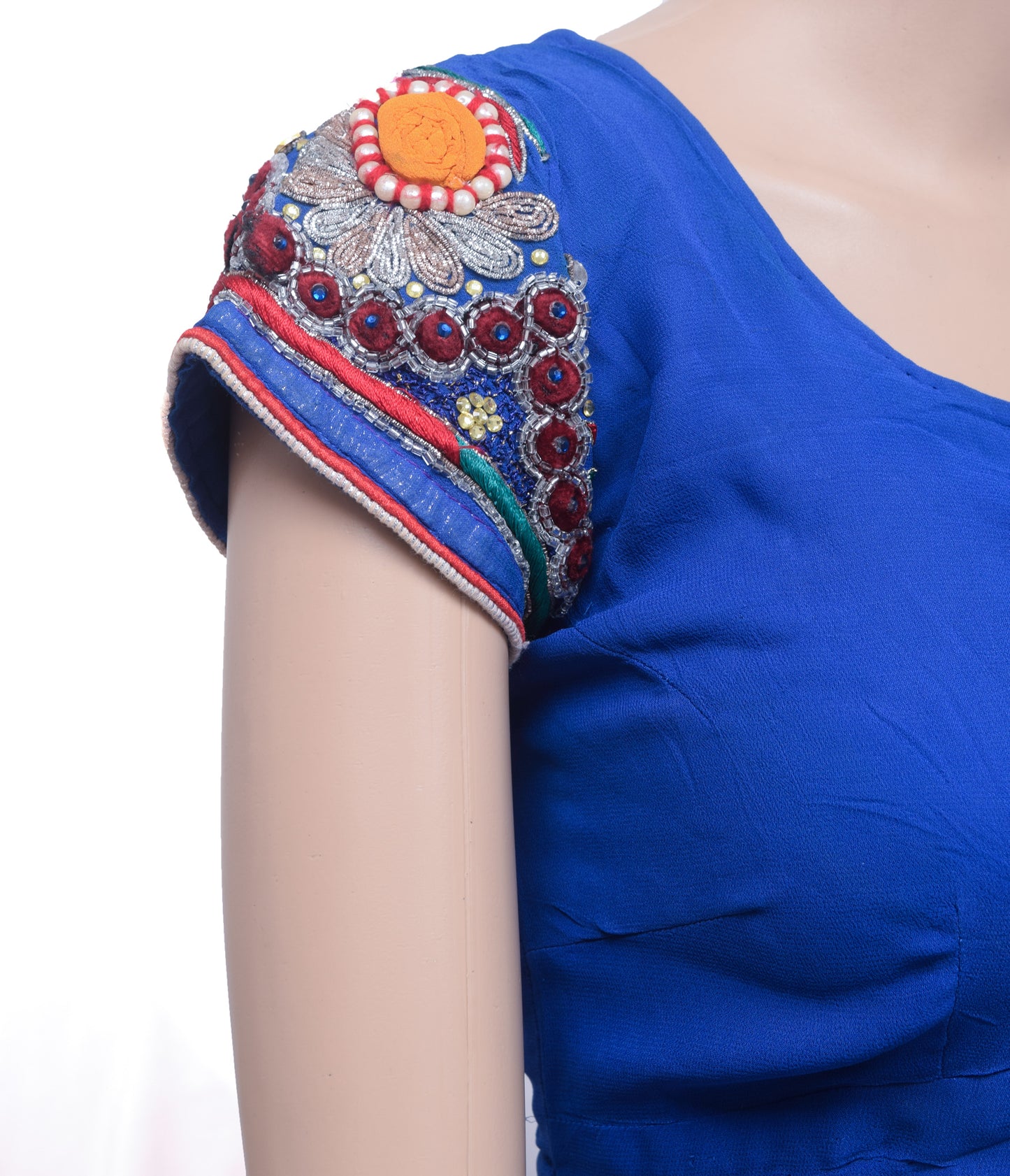 Sushila Vintage Stitched Blue Sari Blouse Georgette Silk Hand  Beaded Floral 32"Top
