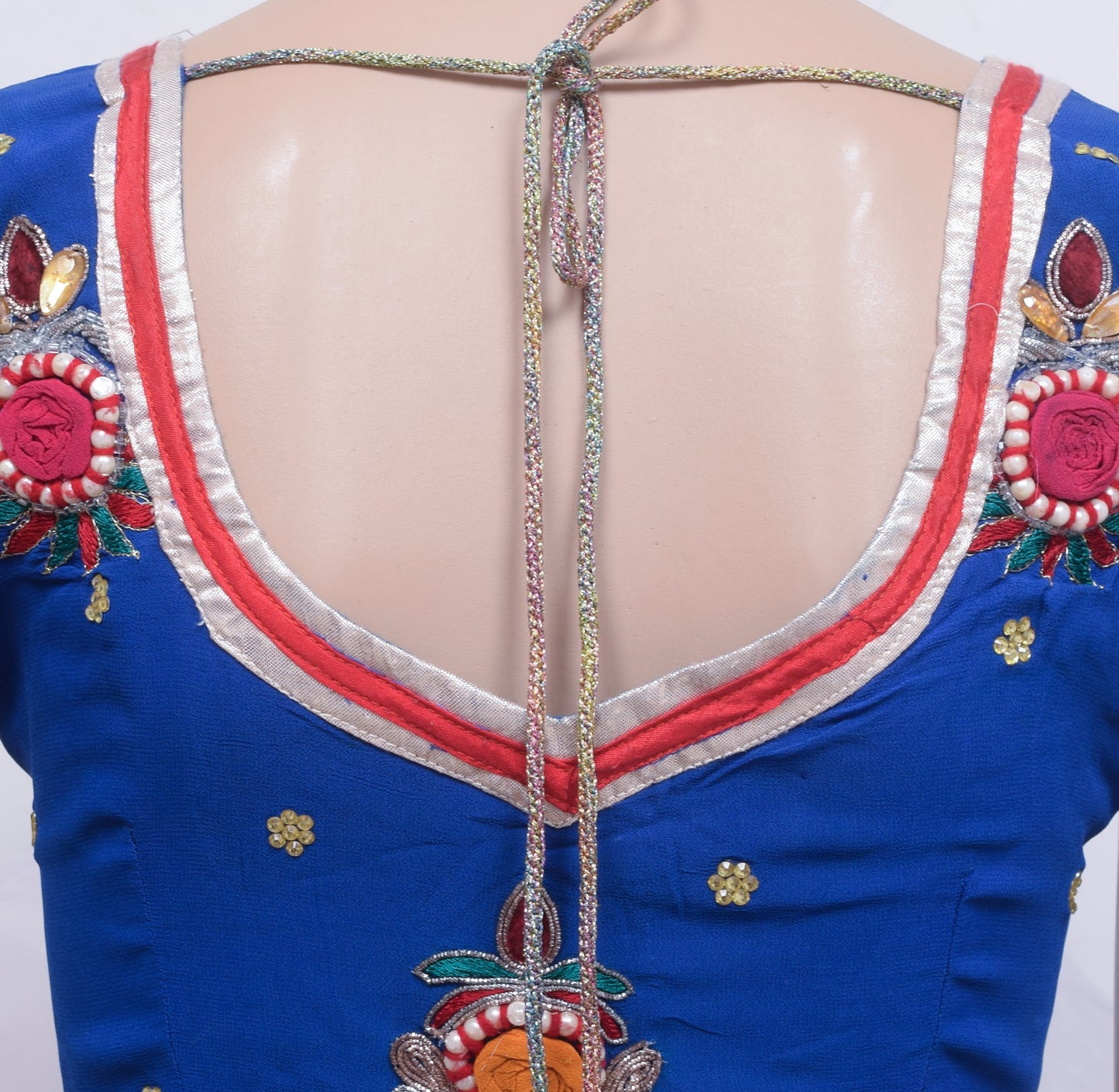Sushila Vintage Stitched Blue Sari Blouse Georgette Silk Hand  Beaded Floral 32"Top