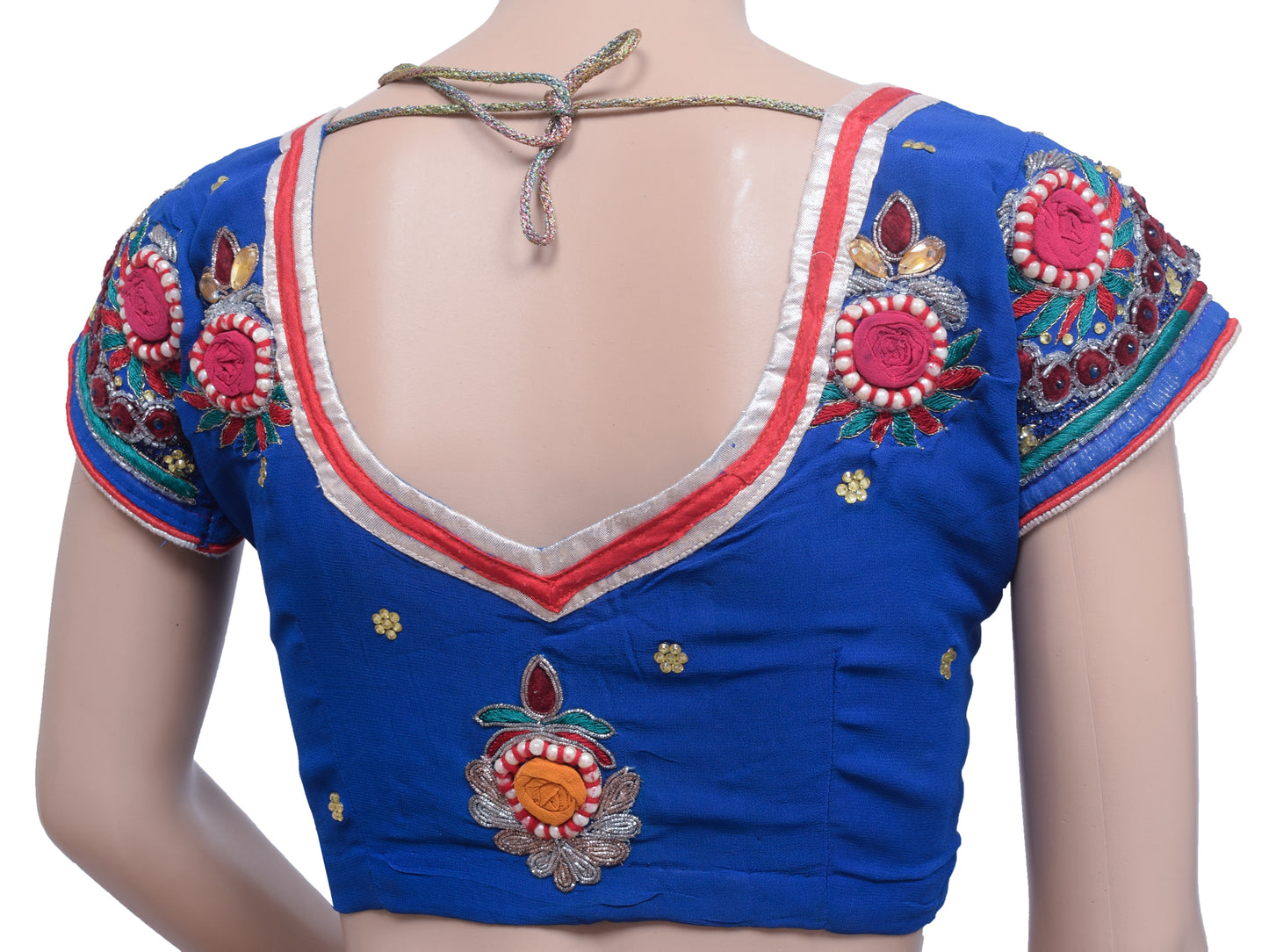 Sushila Vintage Stitched Blue Sari Blouse Georgette Silk Hand  Beaded Floral 32"Top