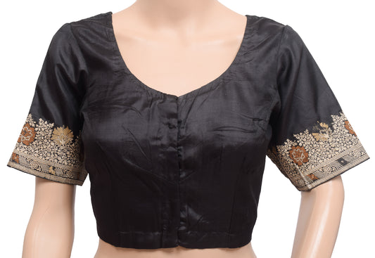 Sushila Vintage Readymade 36"Silk Sari Blouse Black Zari Woven Floral Top