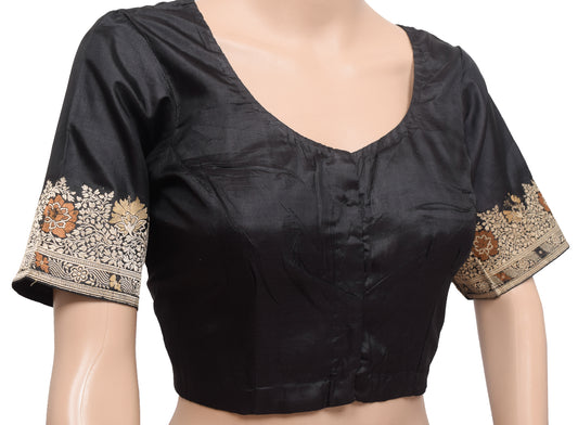 Sushila Vintage Readymade 36"Silk Sari Blouse Black Zari Woven Floral Top