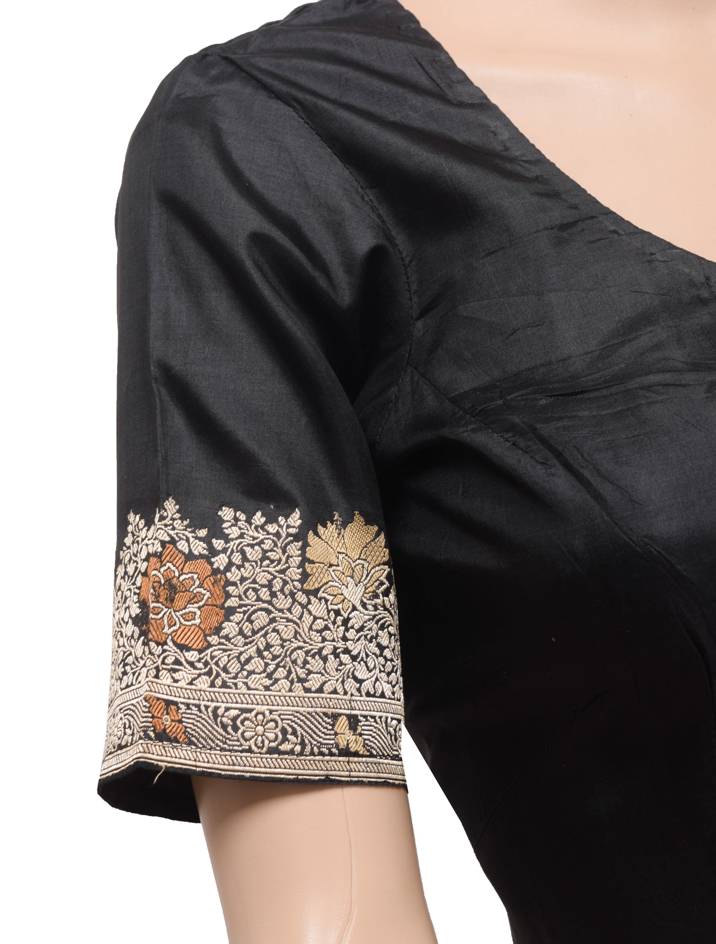 Sushila Vintage Readymade 36"Silk Sari Blouse Black Zari Woven Floral Top