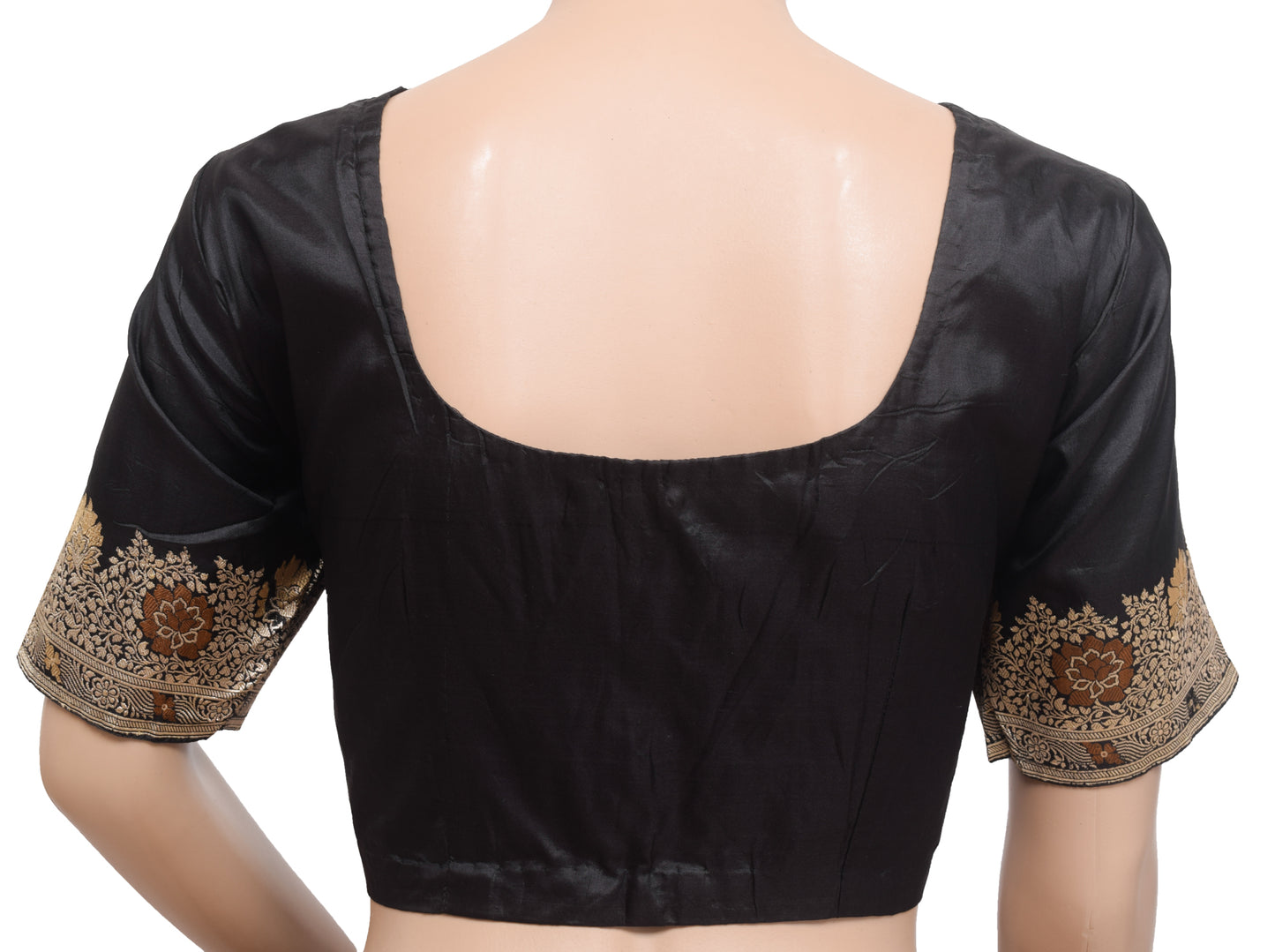 Sushila Vintage Readymade 36"Silk Sari Blouse Black Zari Woven Floral Top