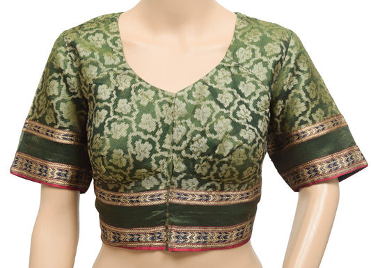 Sushila Vintage 40"Green Stitched Sari Blouse Silk Floral Woven Designer Choli