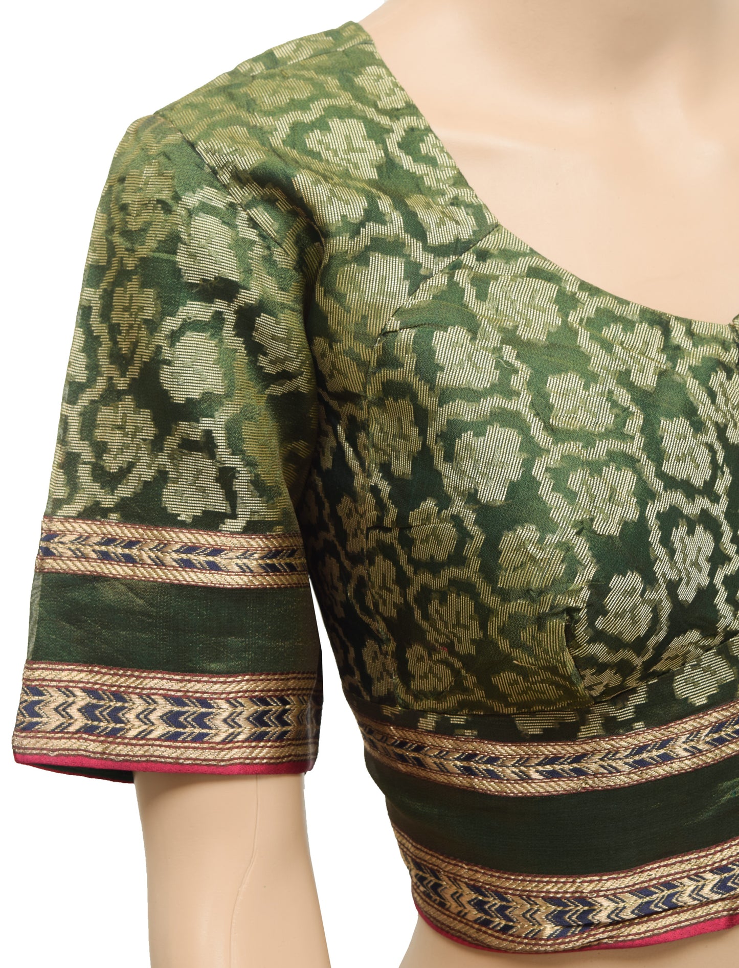 Sushila Vintage 40"Green Stitched Sari Blouse Silk Floral Woven Designer Choli