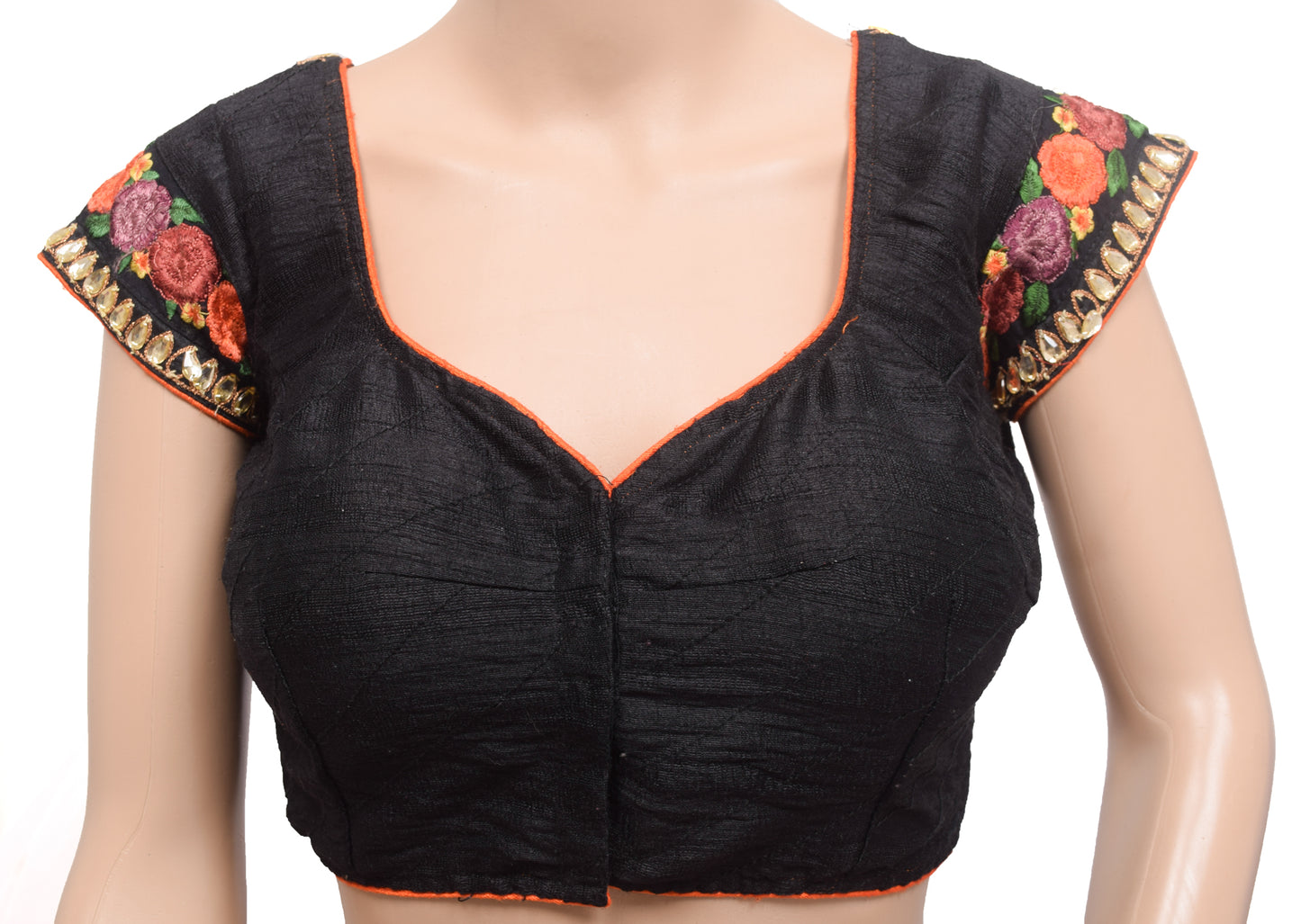Sushila Vintage Stitched Black Padded Sari Blouse Patch Work Designer Silk Choli 38"