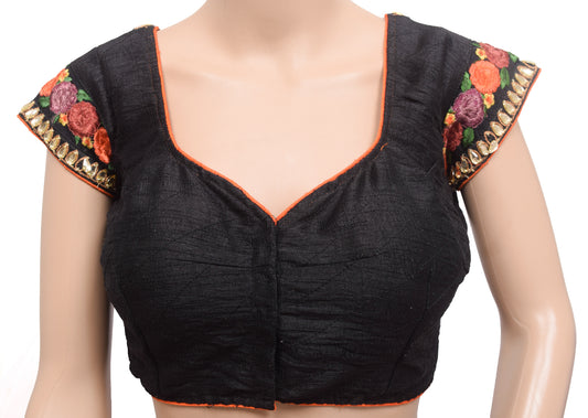Sushila Vintage Stitched Black Padded Sari Blouse Patch Work Designer Silk Choli 38"