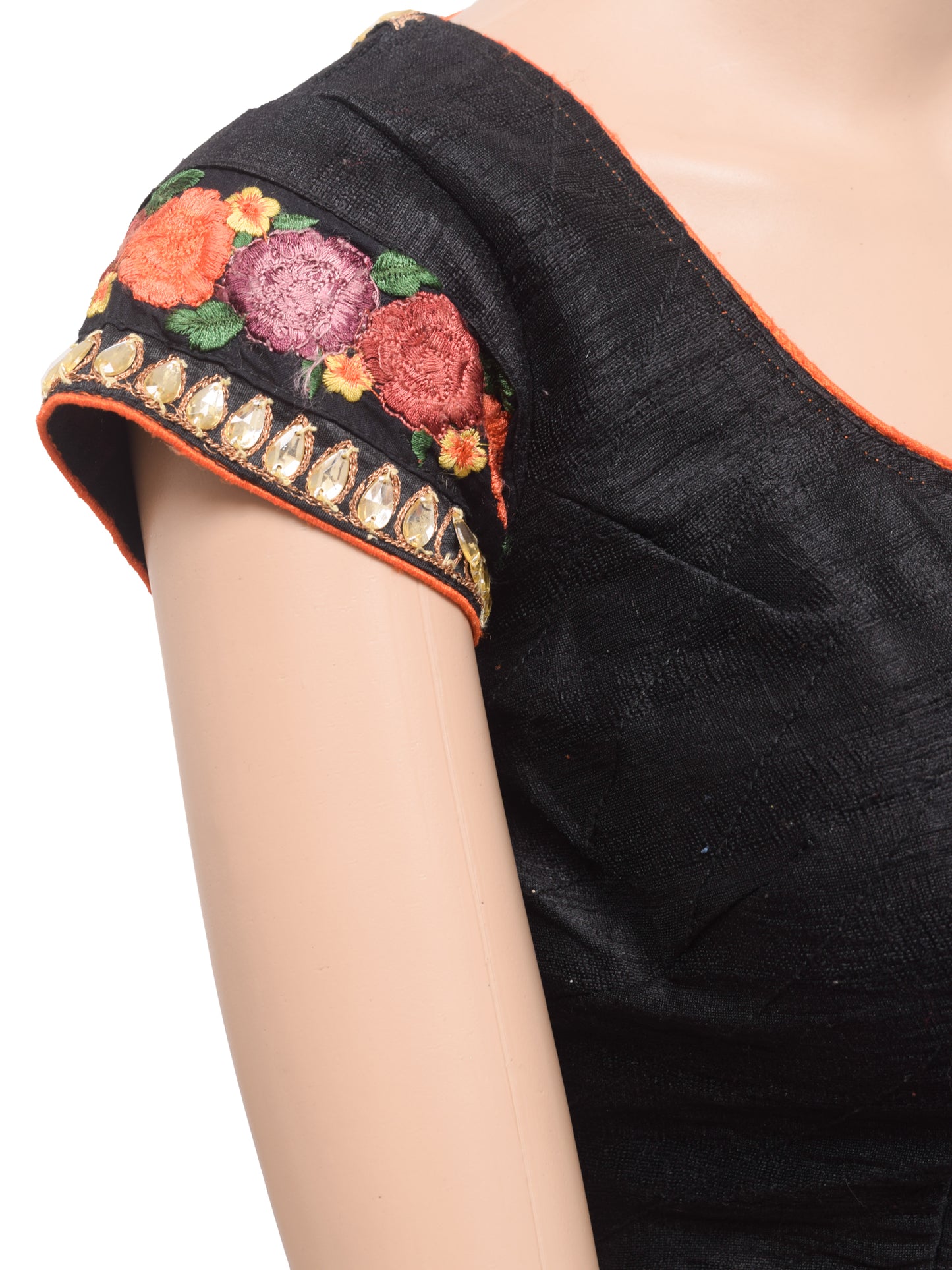 Sushila Vintage Stitched Black Padded Sari Blouse Patch Work Designer Silk Choli 38"
