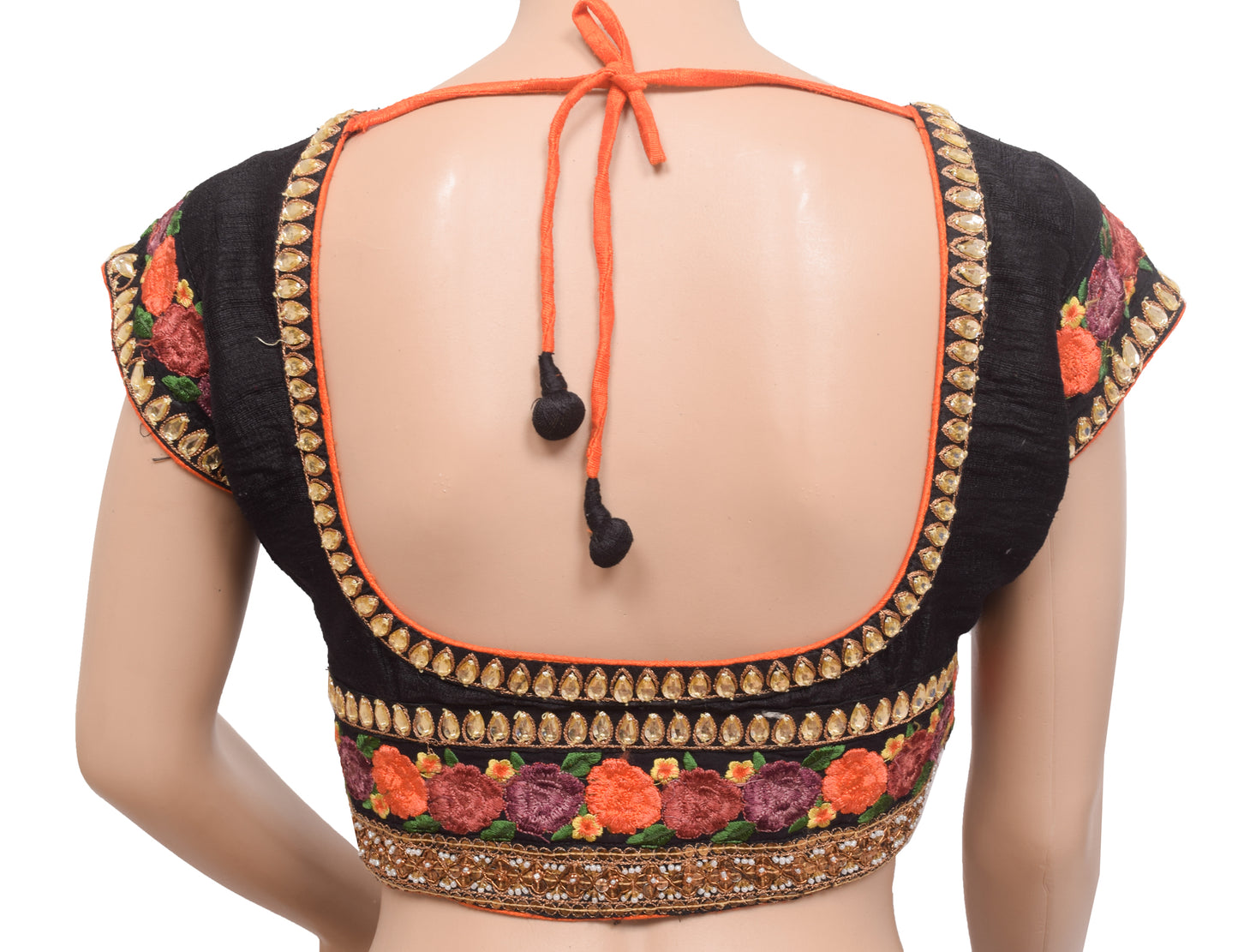 Sushila Vintage Stitched Black Padded Sari Blouse Patch Work Designer Silk Choli 38"