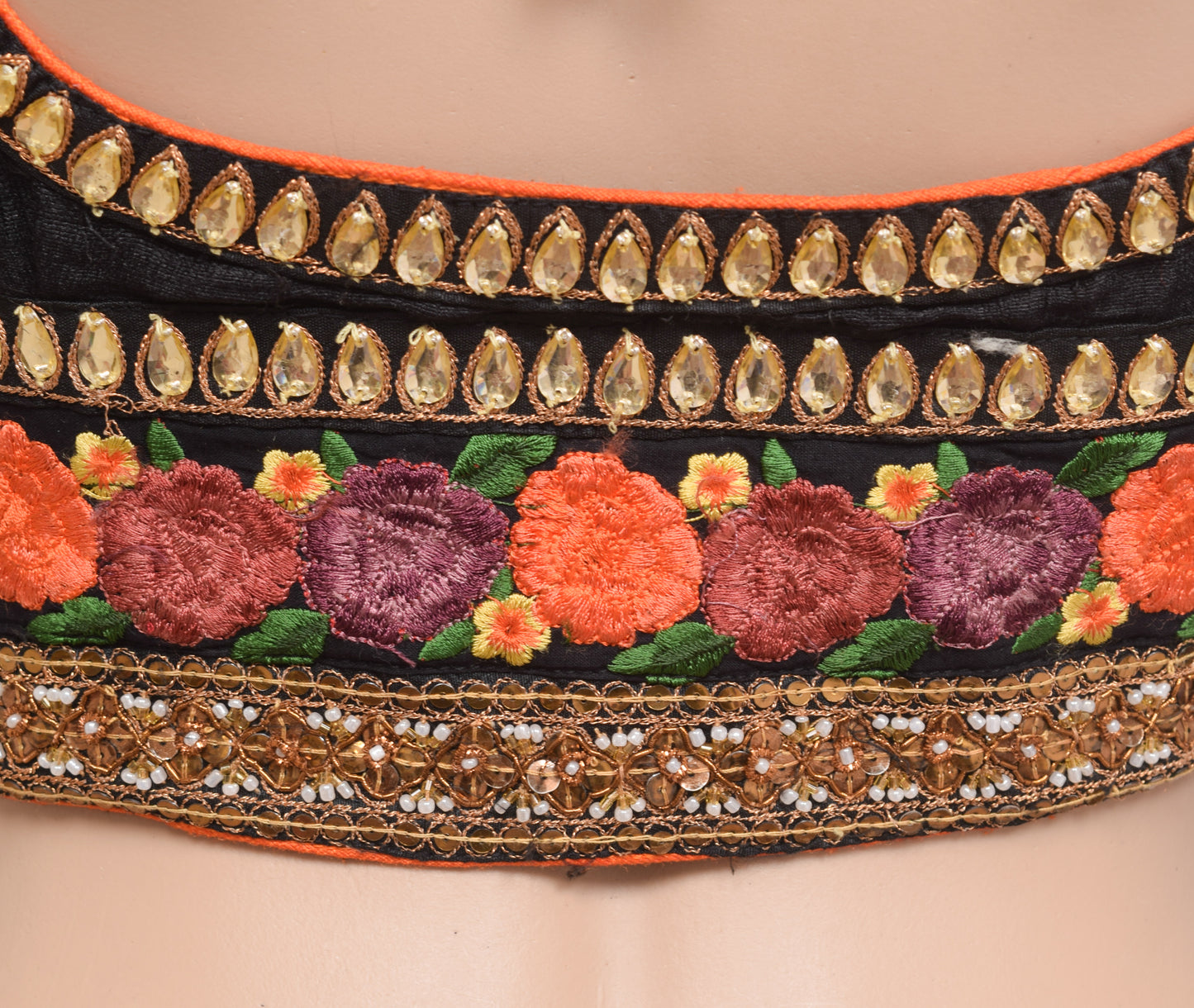 Sushila Vintage Stitched Black Padded Sari Blouse Patch Work Designer Silk Choli 38"