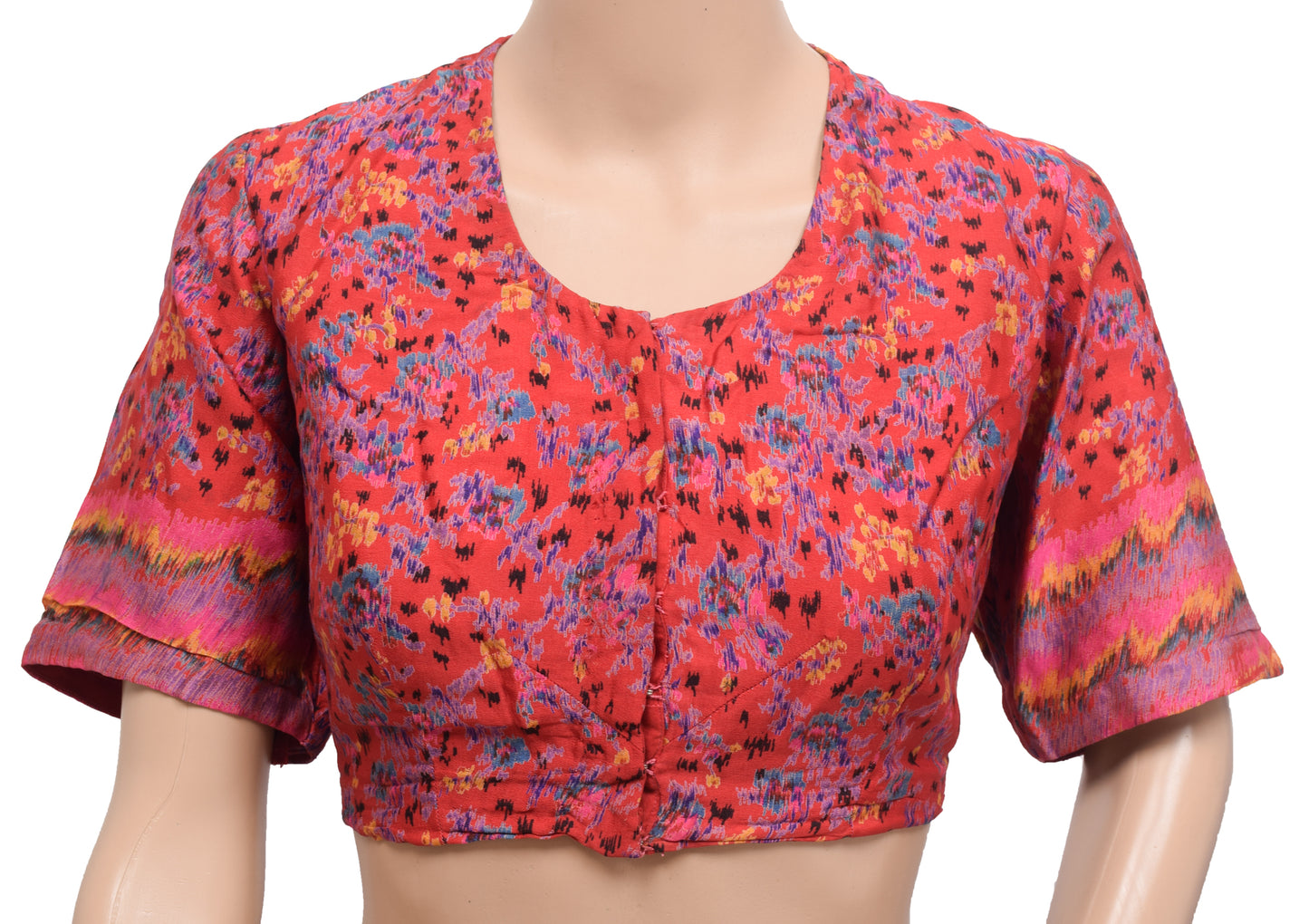 Sushila Vintage Red Readymade 40" Sari Blouse Pure Silk Printed Abstract Top