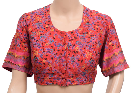 Sushila Vintage Red Readymade 40" Sari Blouse Pure Silk Printed Abstract Top