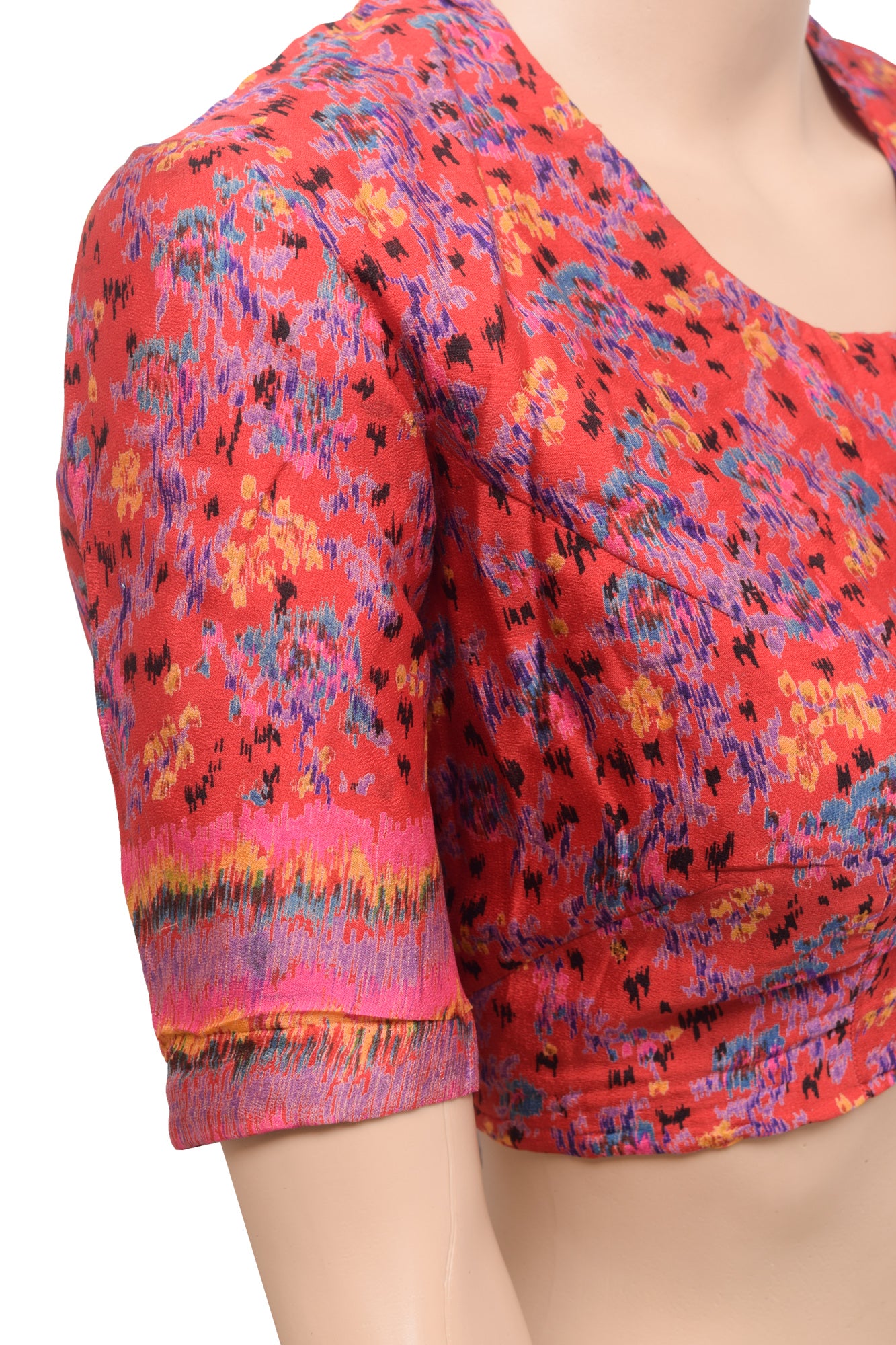 Sushila Vintage Red Readymade 40" Sari Blouse Pure Silk Printed Abstract Top