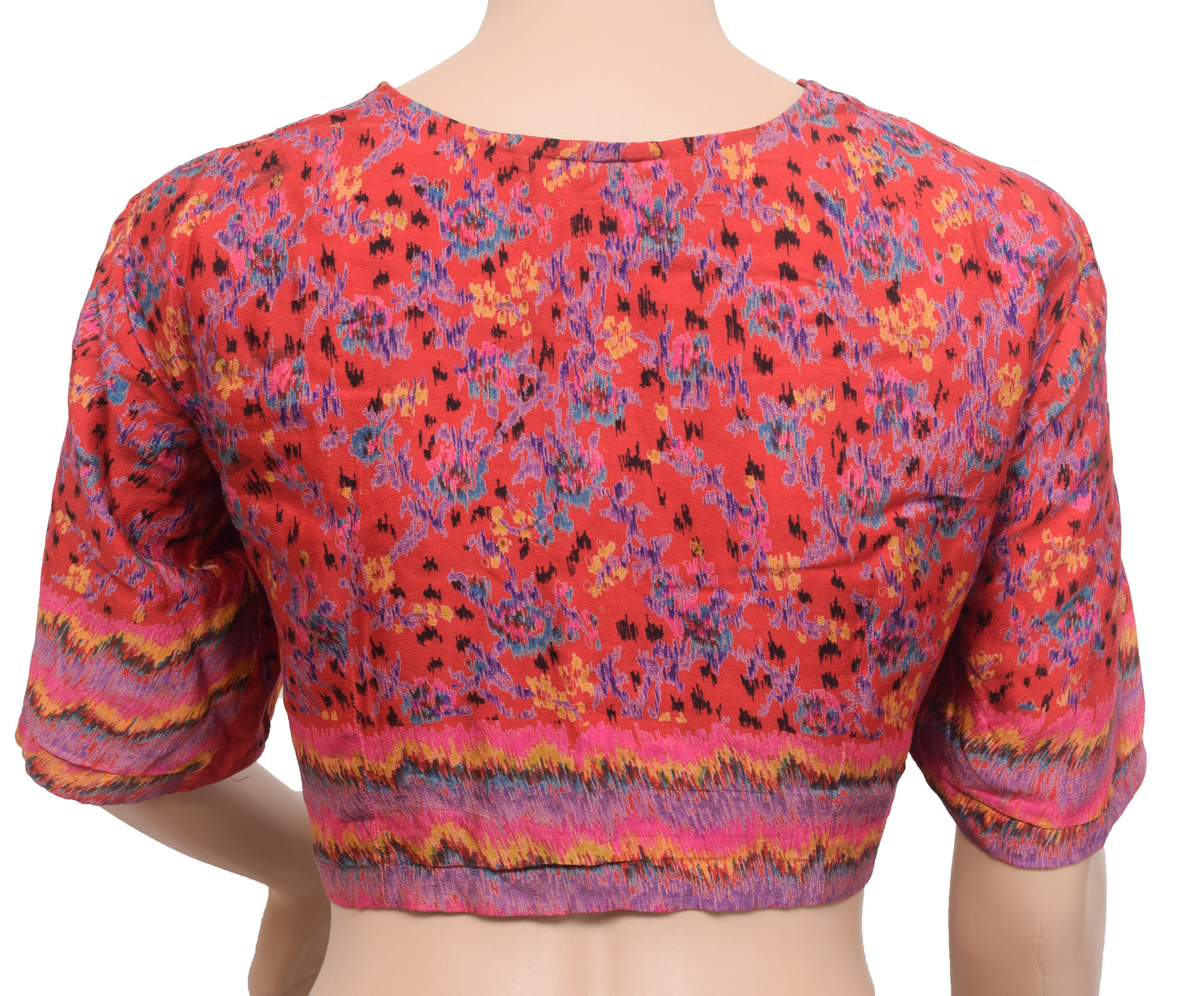 Sushila Vintage Red Readymade 40" Sari Blouse Pure Silk Printed Abstract Top