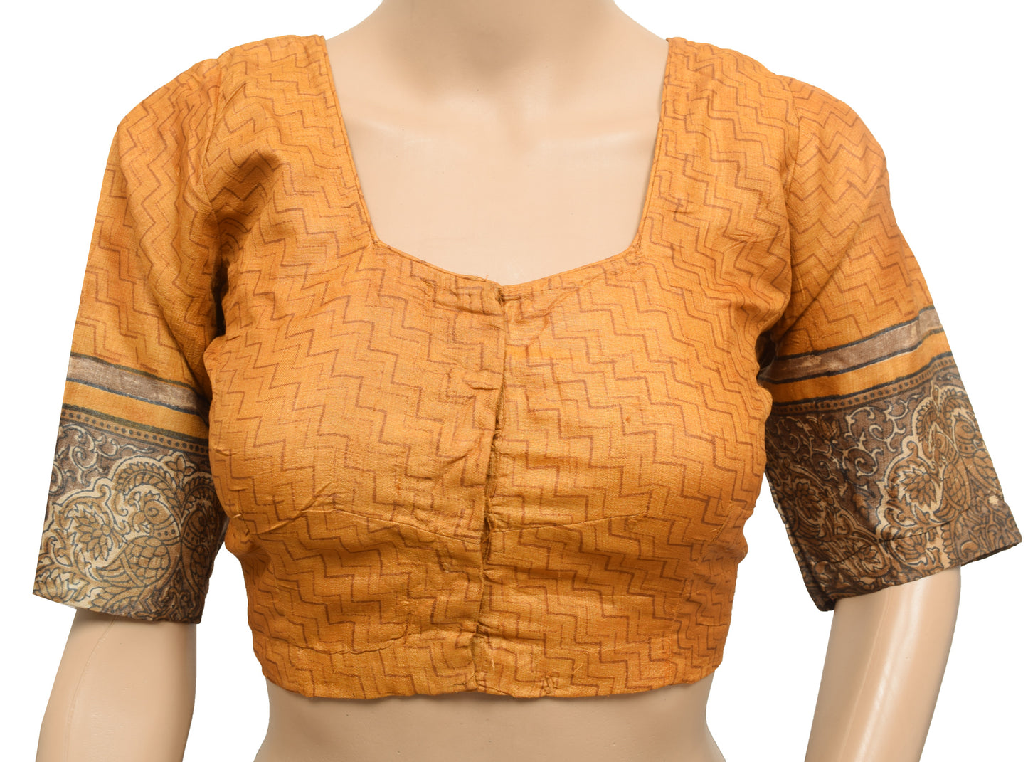 Sushila Vintage Mustard Stitched Sari Blouse Hand Block Printed Zig-Zag Silk 38"Top