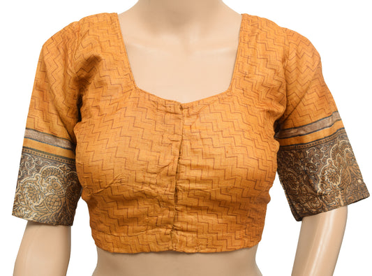 Sushila Vintage Mustard Stitched Sari Blouse Hand Block Printed Zig-Zag Silk 38"Top