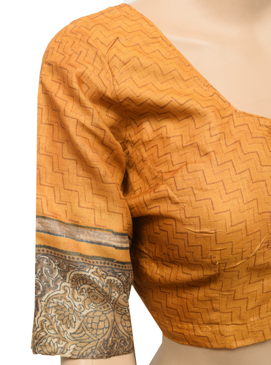 Sushila Vintage Mustard Stitched Sari Blouse Hand Block Printed Zig-Zag Silk 38"Top