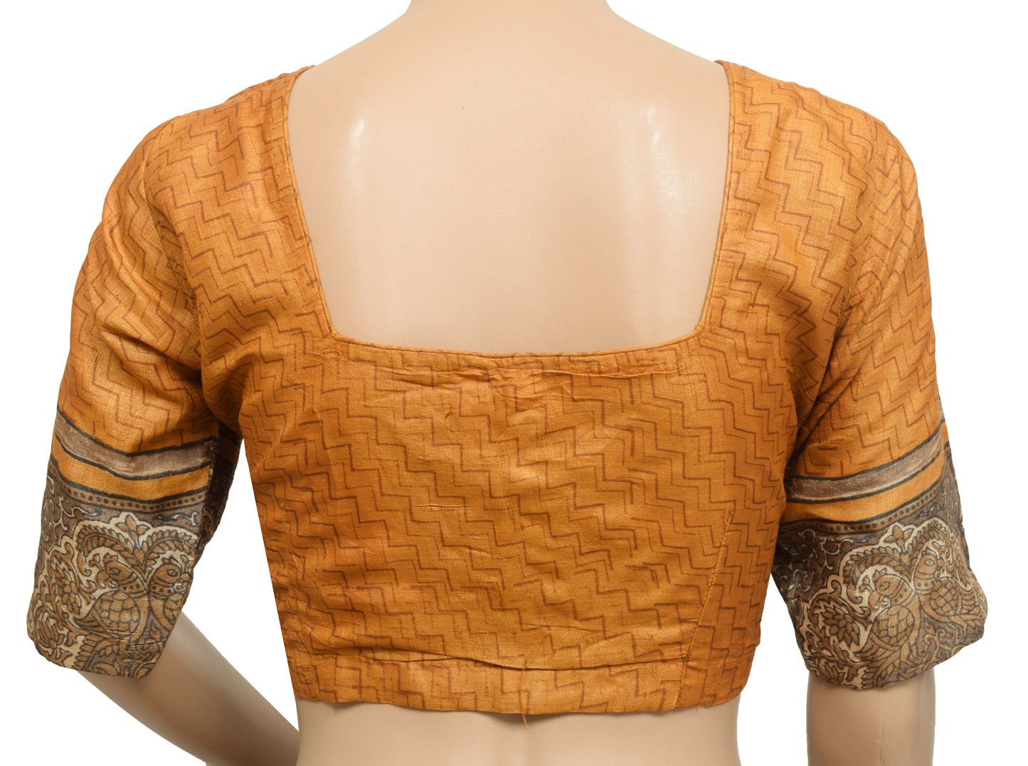 Sushila Vintage Mustard Stitched Sari Blouse Hand Block Printed Zig-Zag Silk 38"Top