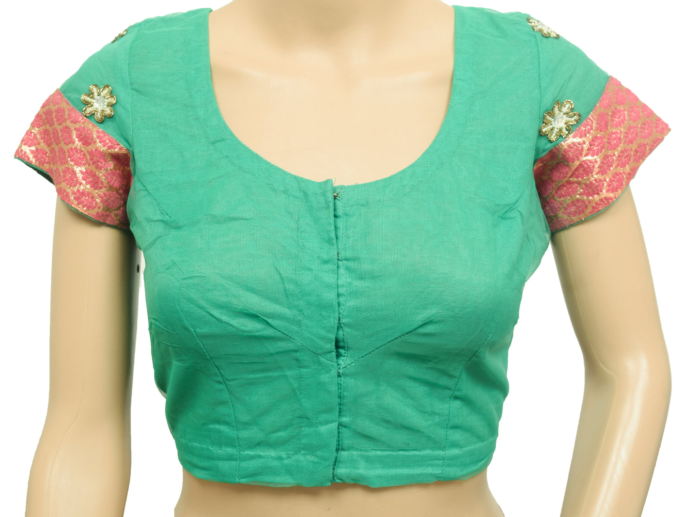 Sushila Vintage Aqua Green Stitched Net Sari Blouse Floral Hand Beaded 34" Choli Top
