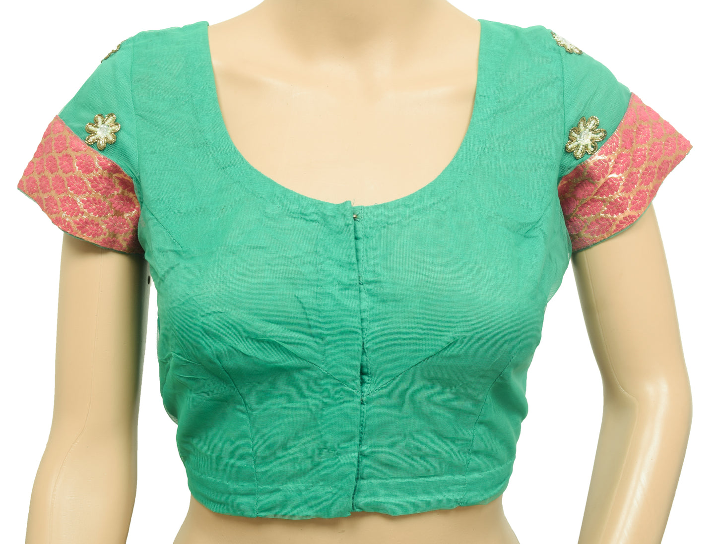Sushila Vintage Aqua Green Stitched Net Sari Blouse Floral Hand Beaded 34" Choli Top