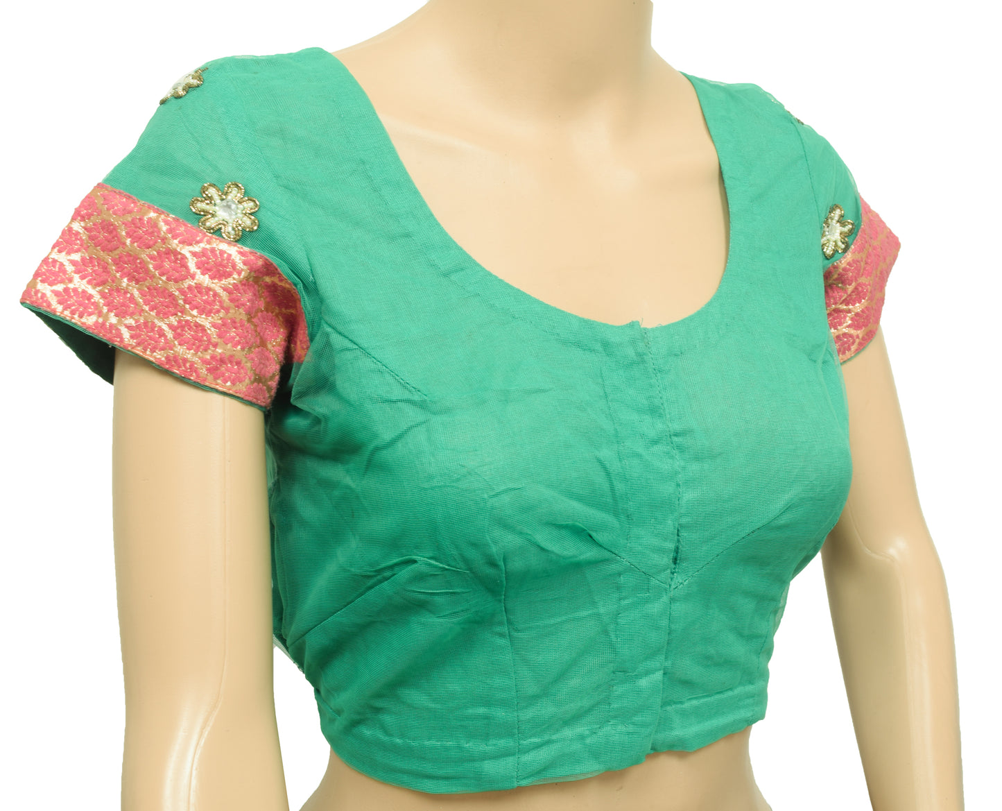 Sushila Vintage Aqua Green Stitched Net Sari Blouse Floral Hand Beaded 34" Choli Top