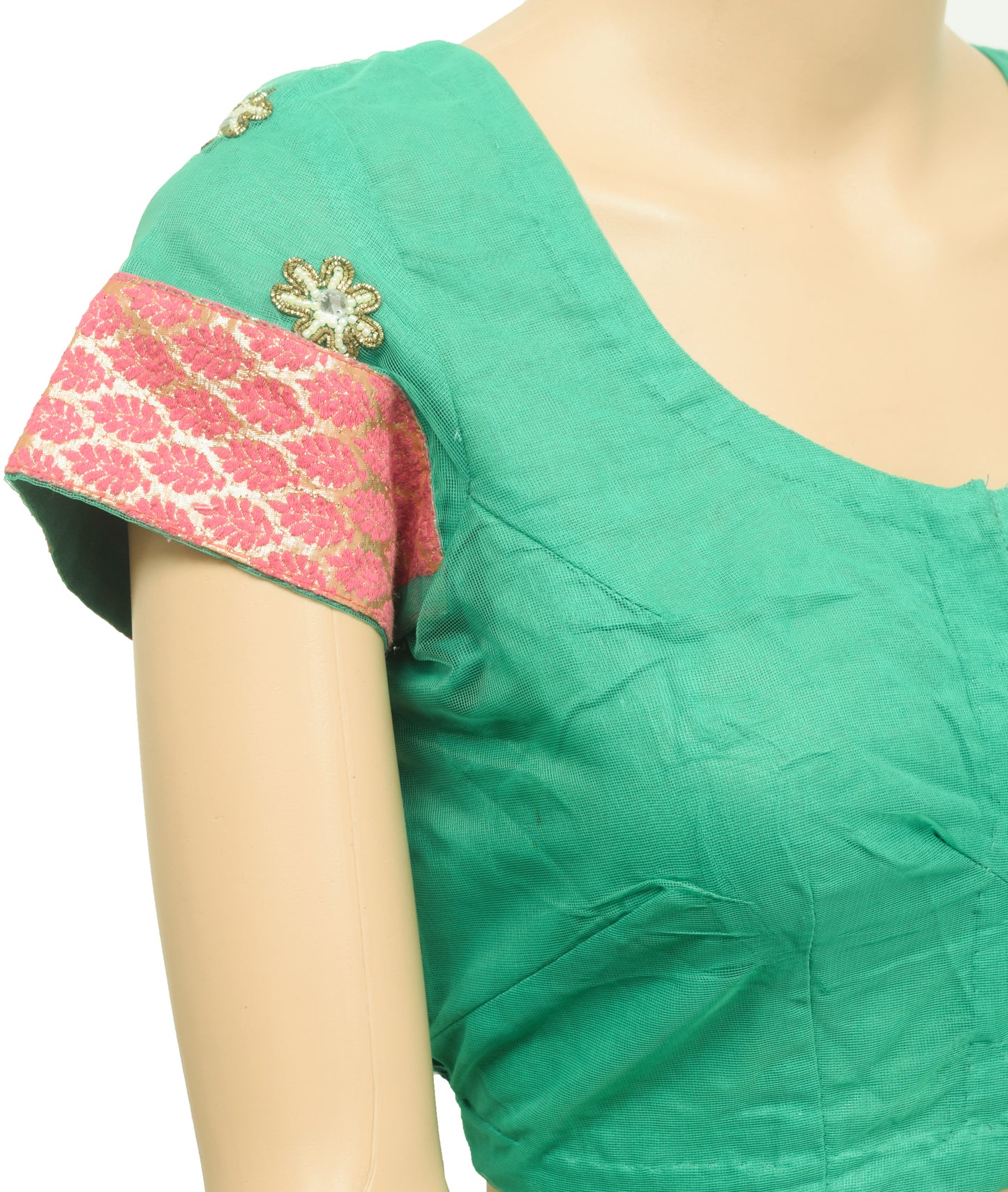Sushila Vintage Aqua Green Stitched Net Sari Blouse Floral Hand Beaded 34" Choli Top