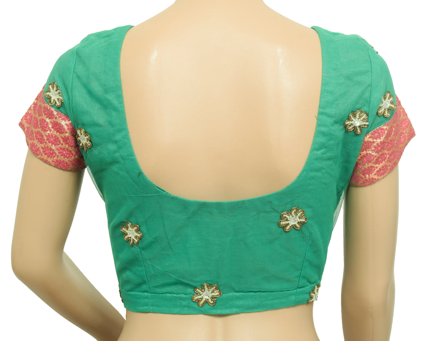 Sushila Vintage Aqua Green Stitched Net Sari Blouse Floral Hand Beaded 34" Choli Top