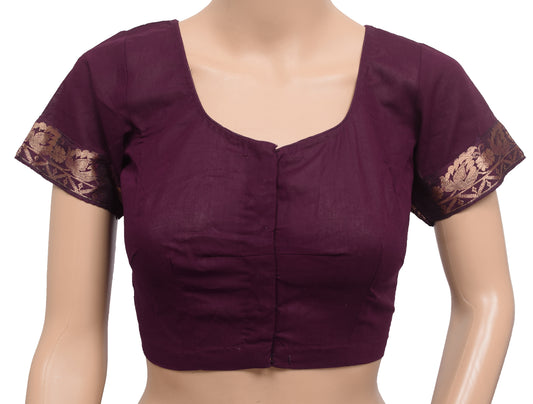 Sushila Vintage Dark Wine Stitched Sari Blouse Cotton Woven Designer Floral 32" Top