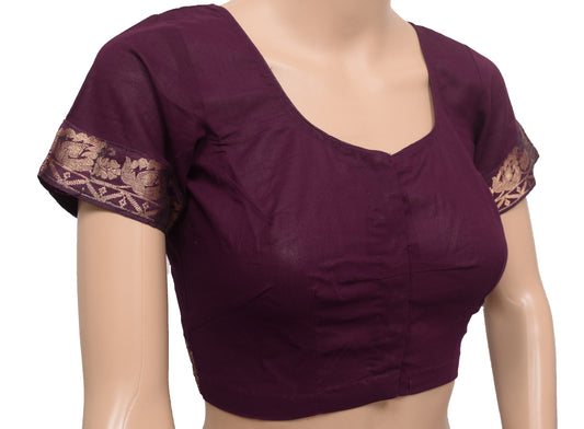 Sushila Vintage Dark Wine Stitched Sari Blouse Cotton Woven Designer Floral 32" Top