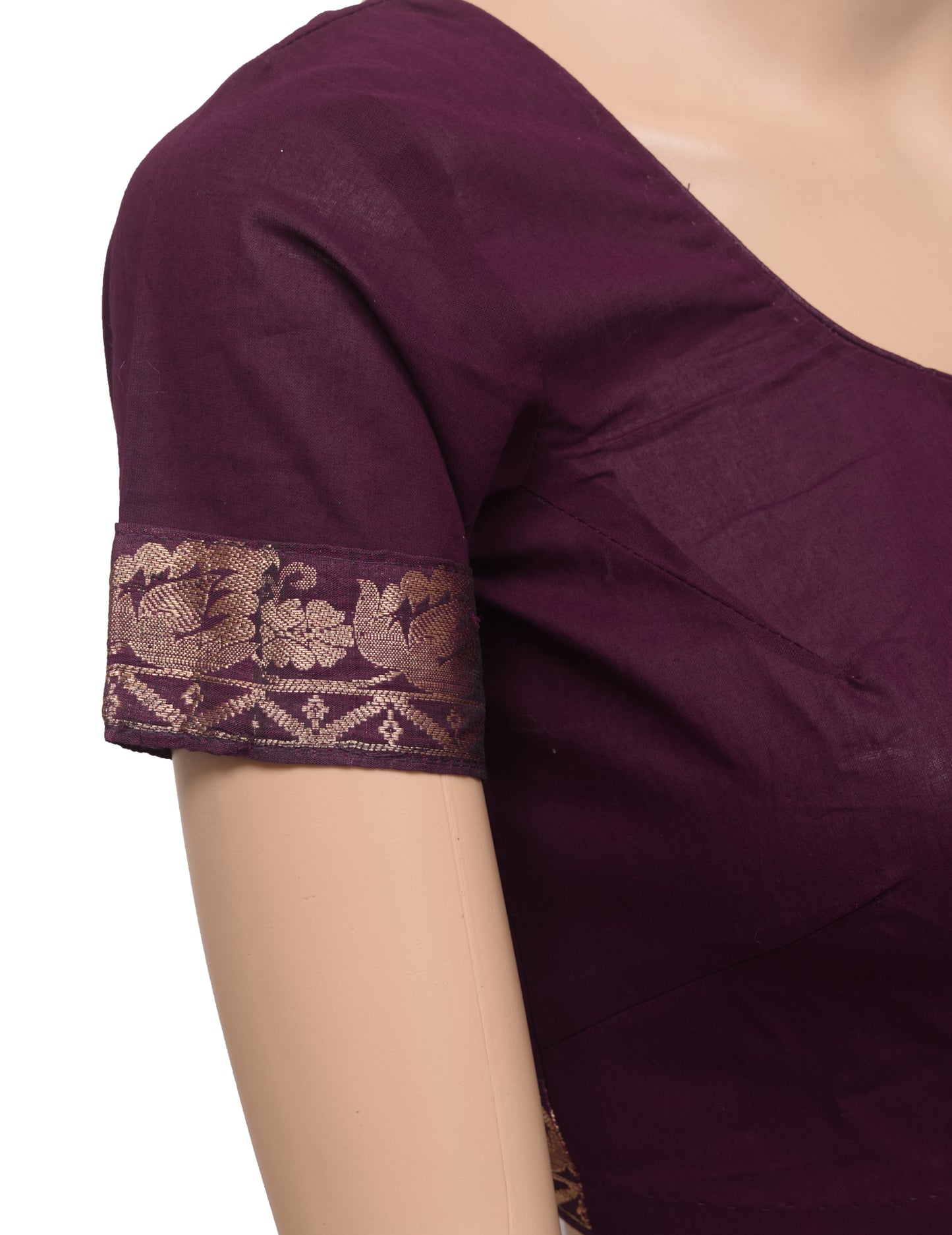 Sushila Vintage Dark Wine Stitched Sari Blouse Cotton Woven Designer Floral 32" Top
