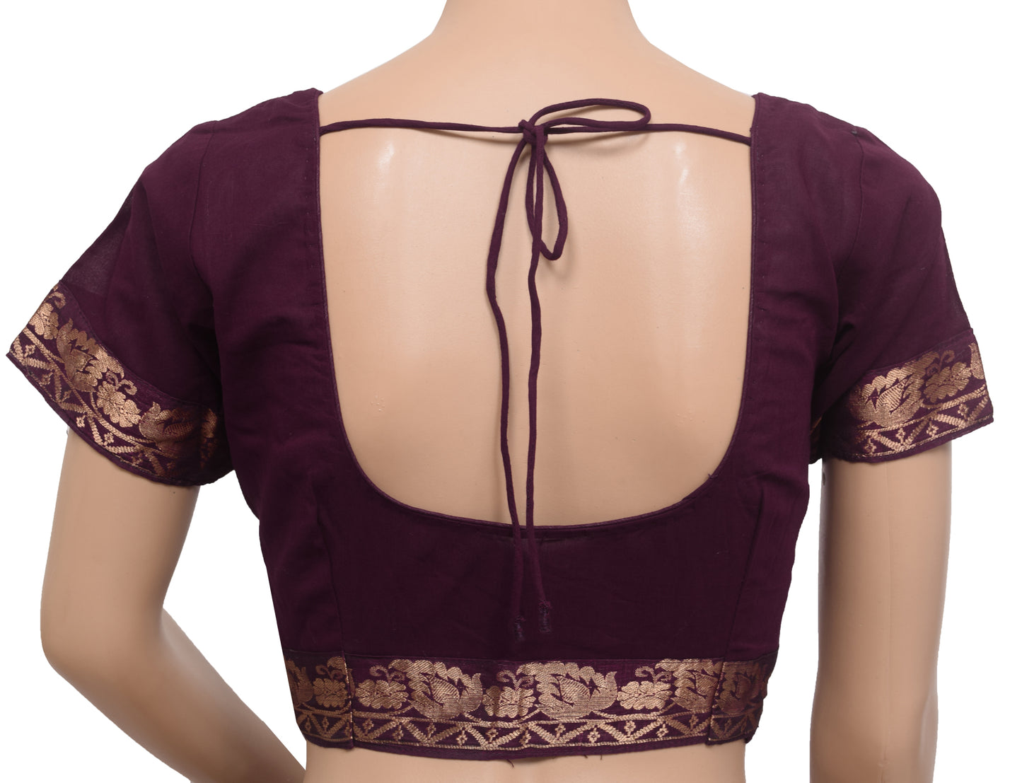 Sushila Vintage Dark Wine Stitched Sari Blouse Cotton Woven Designer Floral 32" Top