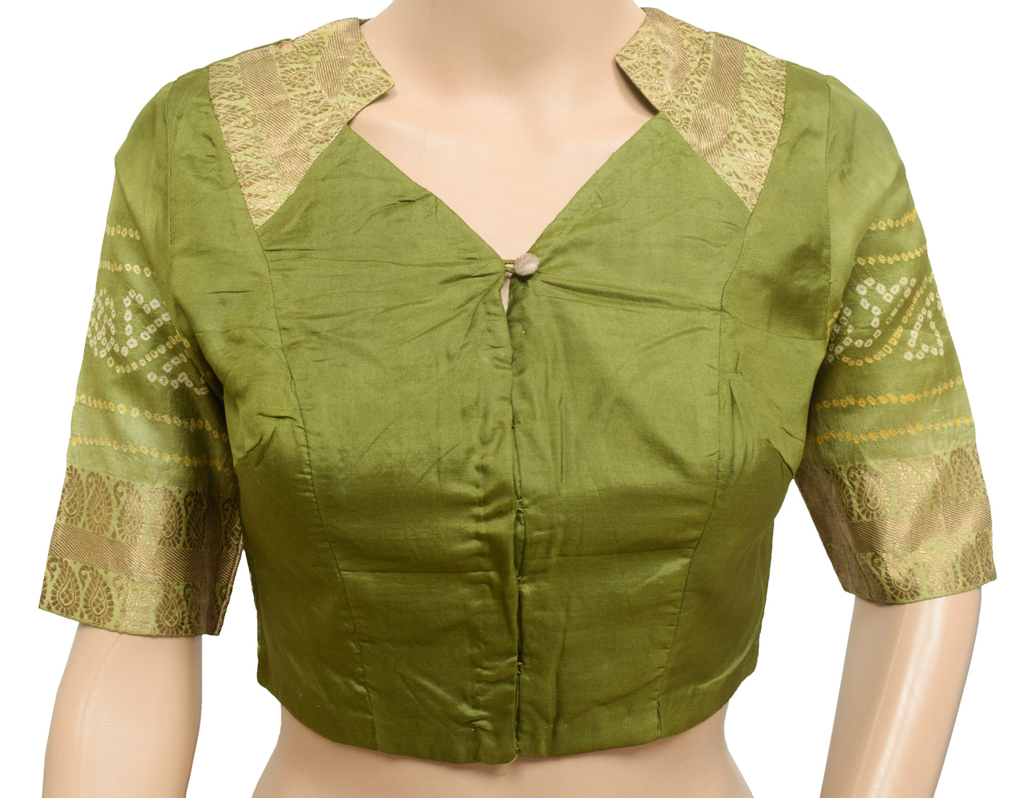 Sushila Vintage Green Silk Stitched Sari Blouse Bandhani & Woven Designer Top 32"