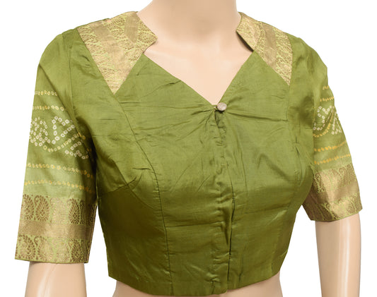 Sushila Vintage Green Silk Stitched Sari Blouse Bandhani & Woven Designer Top 32"